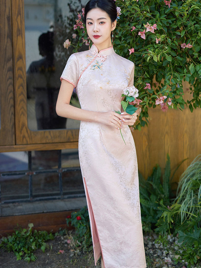 Pink Yellow Jacquard Floral Cheongsam Qipao Dress