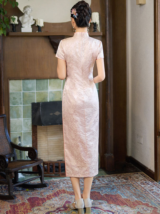 Pink Yellow Jacquard Floral Cheongsam Qipao Dress