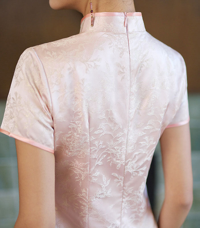 Pink Yellow Jacquard Floral Cheongsam Qipao Dress