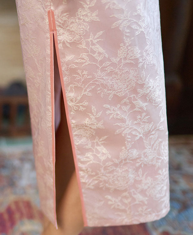 Pink Yellow Jacquard Floral Cheongsam Qipao Dress