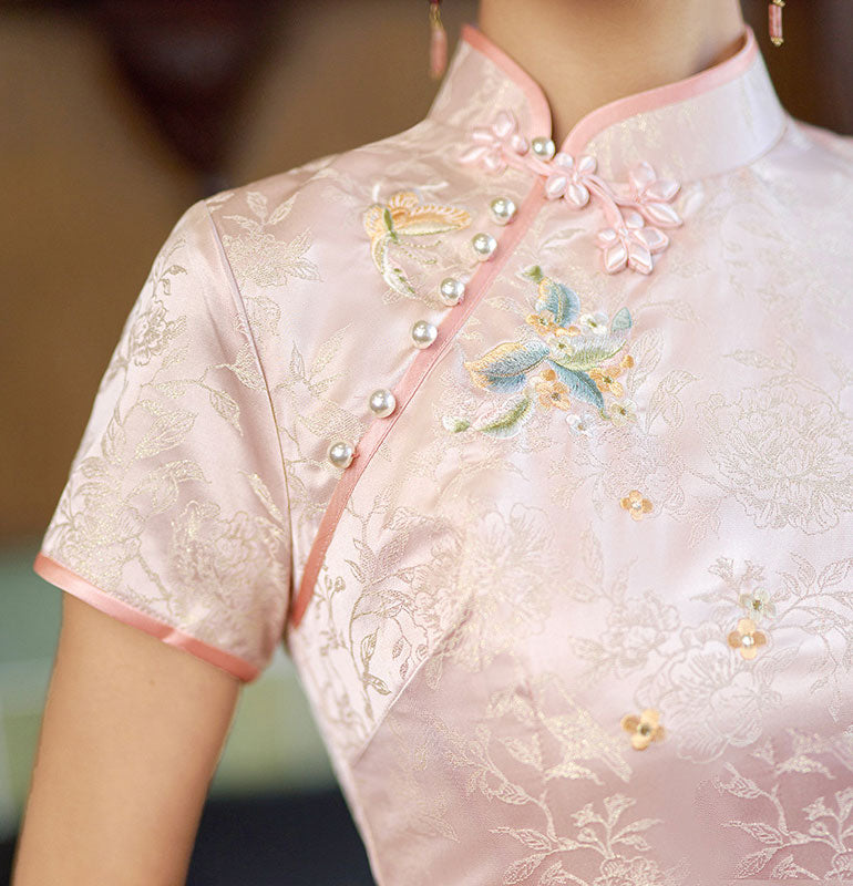 Pink Yellow Jacquard Floral Cheongsam Qipao Dress