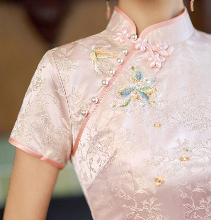 Pink Yellow Jacquard Floral Cheongsam Qipao Dress