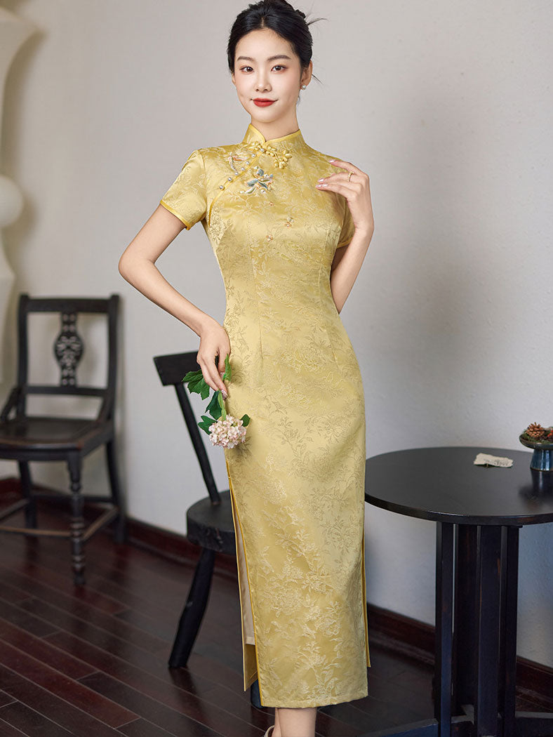 Pink Yellow Jacquard Floral Cheongsam Qipao Dress