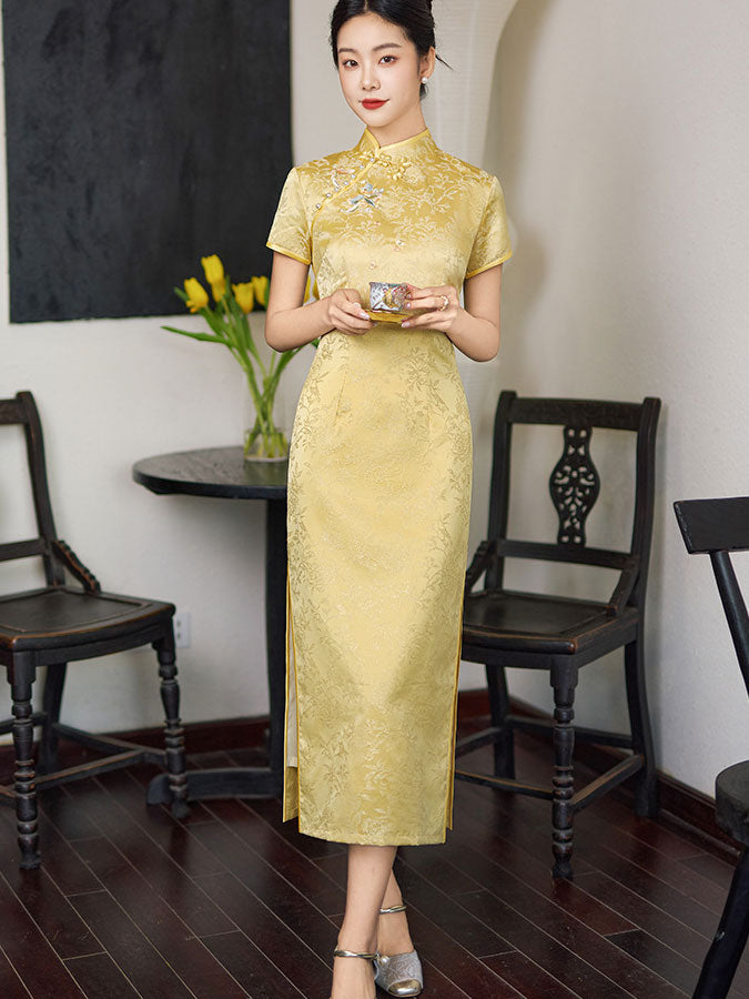 Pink Yellow Jacquard Floral Cheongsam Qipao Dress