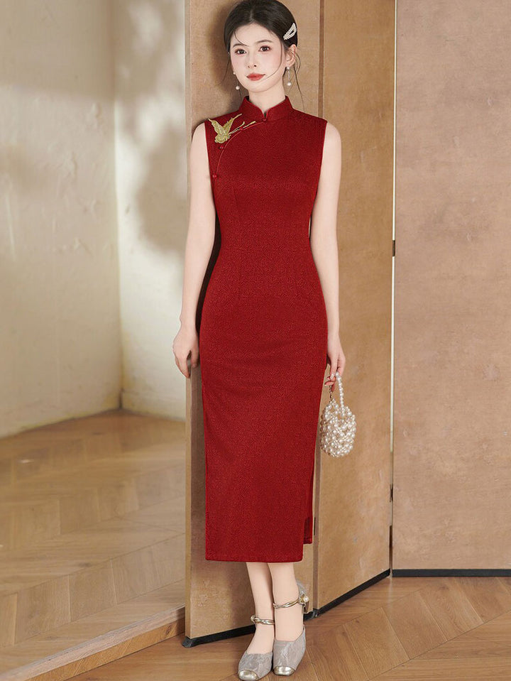 Red Black Embroidered Butterfly Cheongsam Qipao Dress