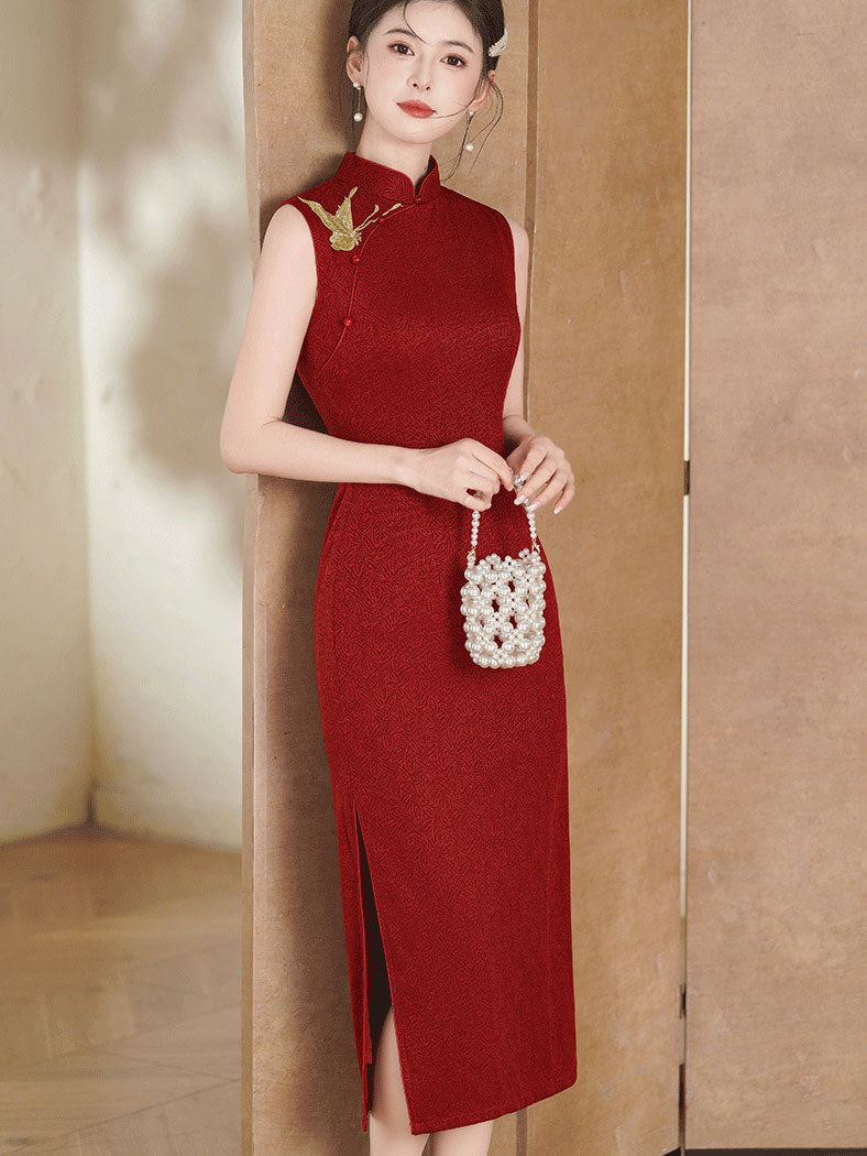 Red Black Embroidered Butterfly Cheongsam Qipao Dress