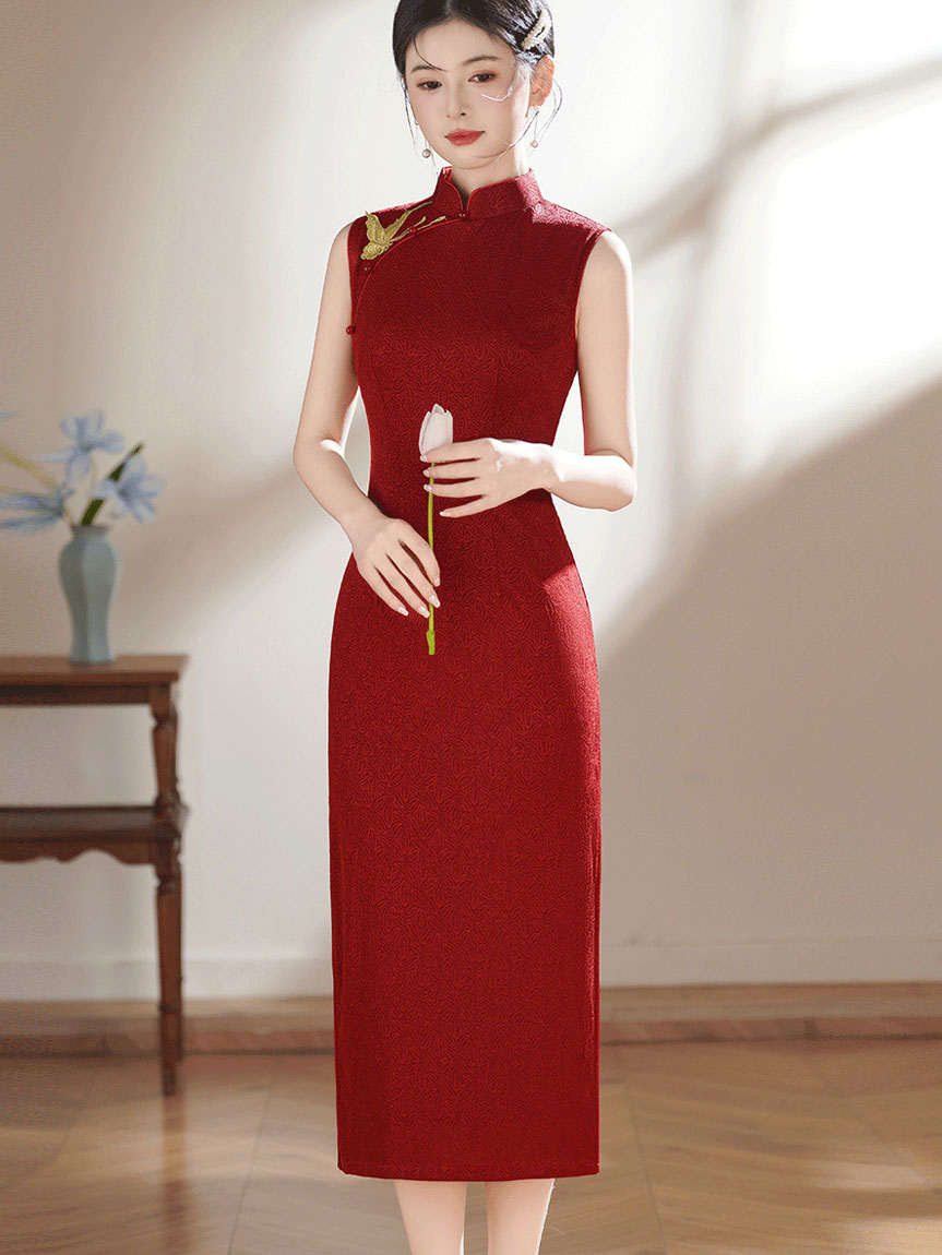 Red Black Embroidered Butterfly Cheongsam Qipao Dress