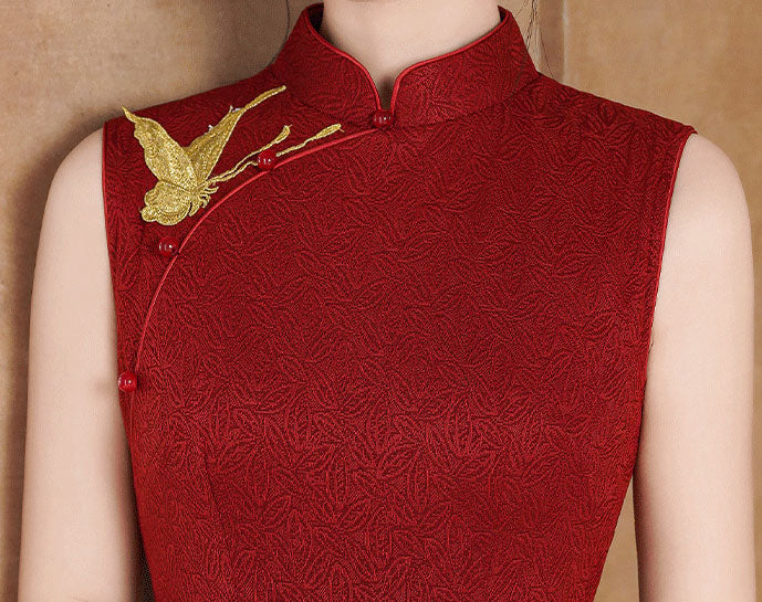 Red Black Embroidered Butterfly Cheongsam Qipao Dress