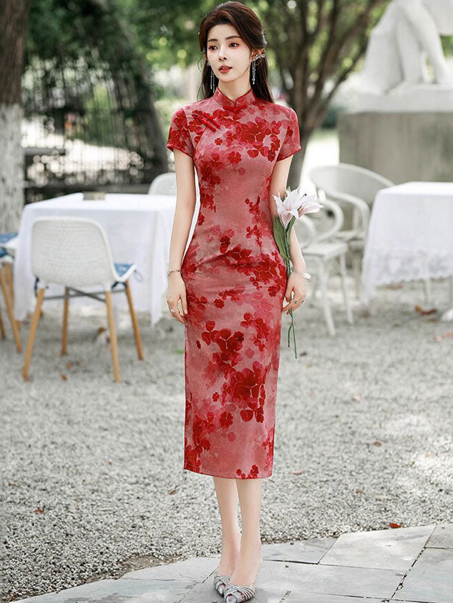 2026 Red Floral Print Midi Cheongsam Qipao Dress