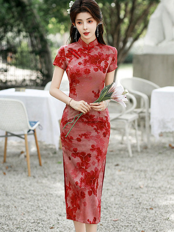 2026 Red Floral Print Midi Cheongsam Qipao Dress