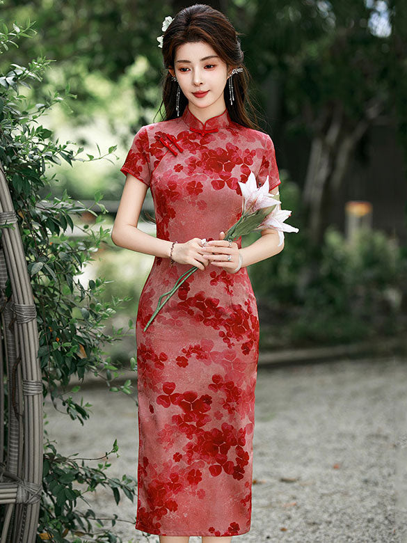 2026 Red Floral Print Midi Cheongsam Qipao Dress