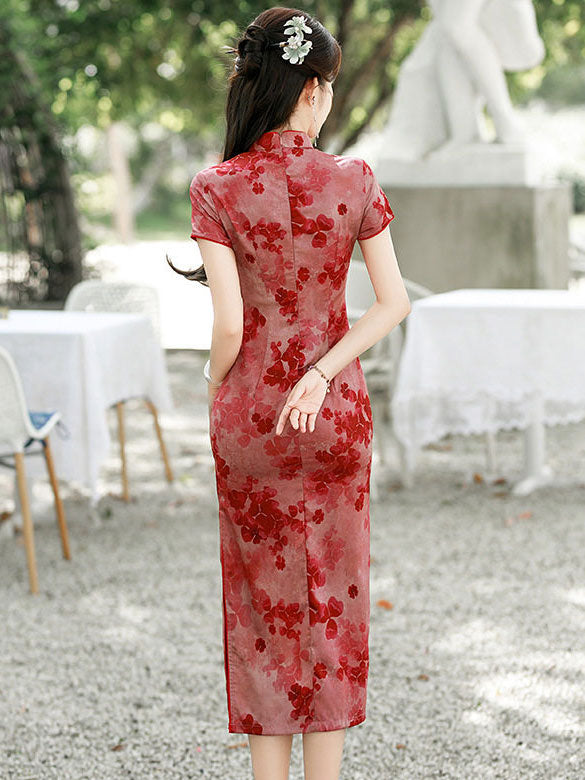 2026 Red Floral Print Midi Cheongsam Qipao Dress