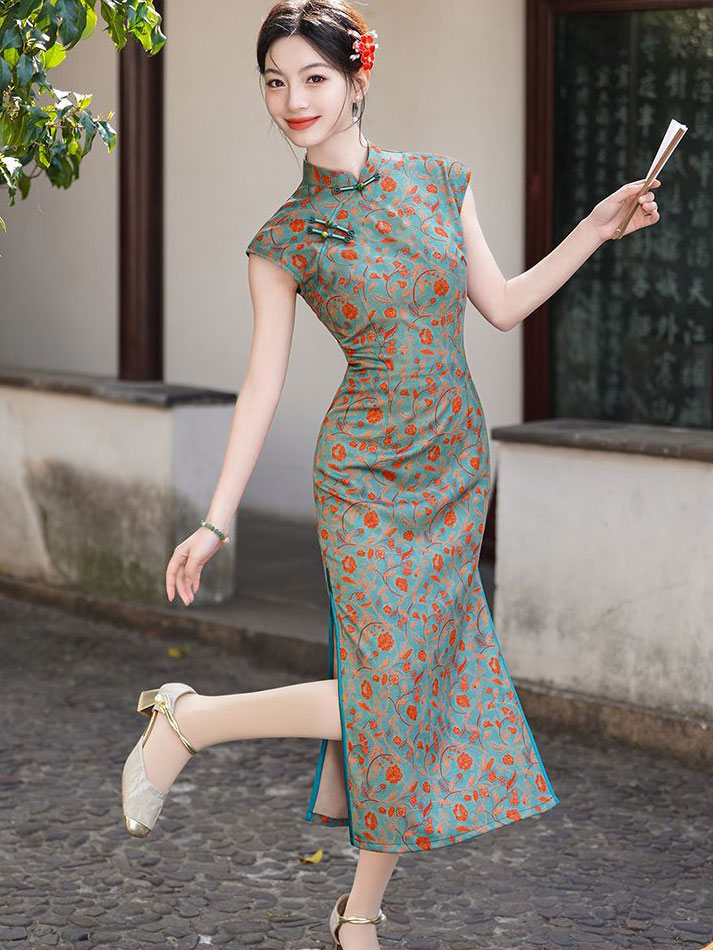 2026 Blue Floral Print Long Cheongsam Qipao Dress