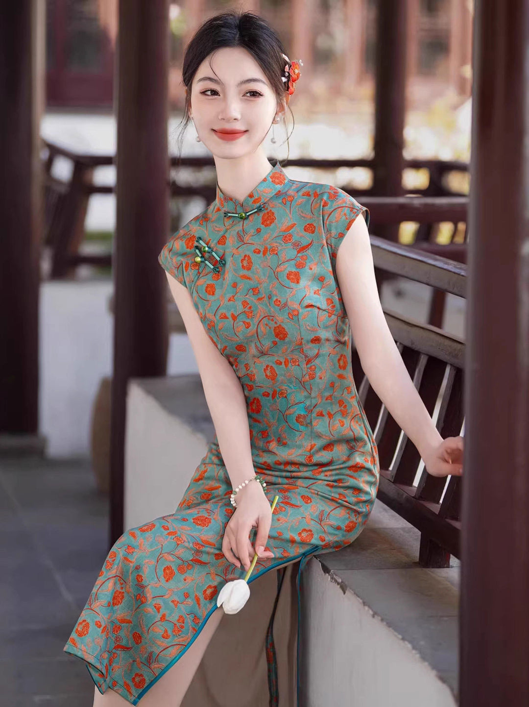 2026 Blue Floral Print Long Cheongsam Qipao Dress