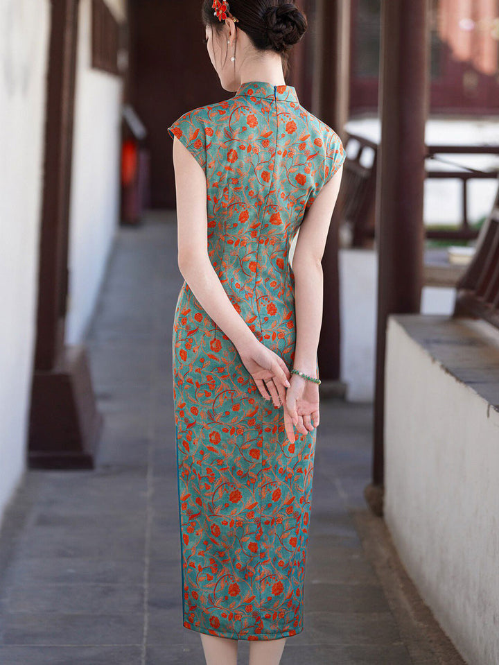 2026 Blue Floral Print Long Cheongsam Qipao Dress