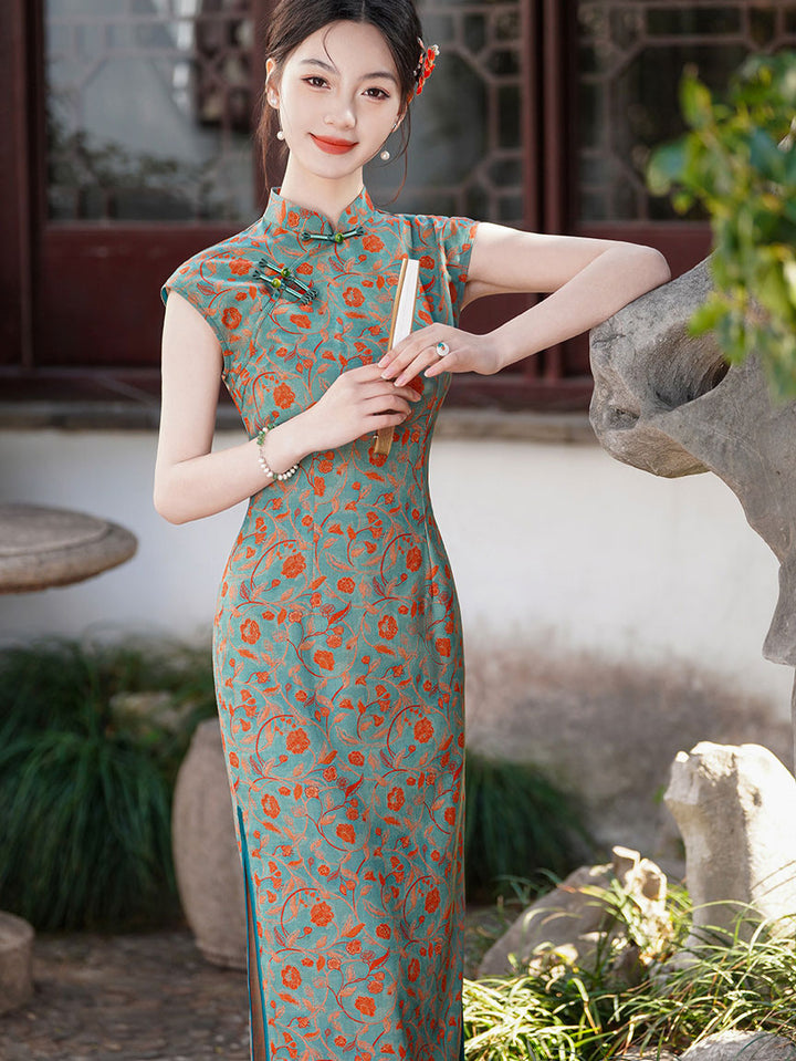 2026 Blue Floral Print Long Cheongsam Qipao Dress