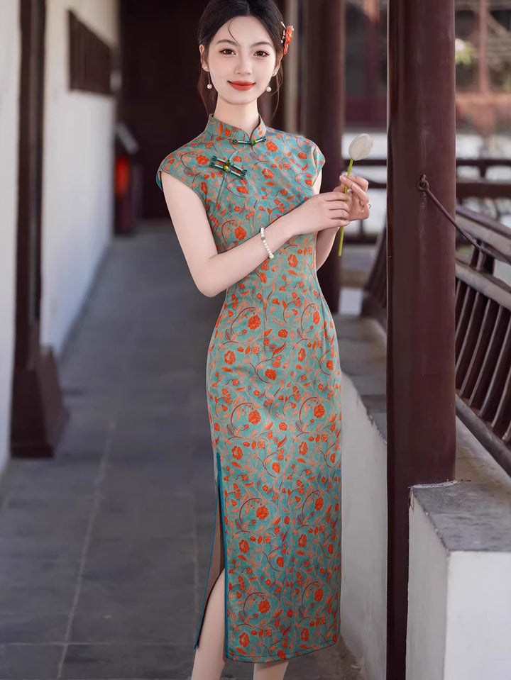 2026 Blue Floral Print Long Cheongsam Qipao Dress