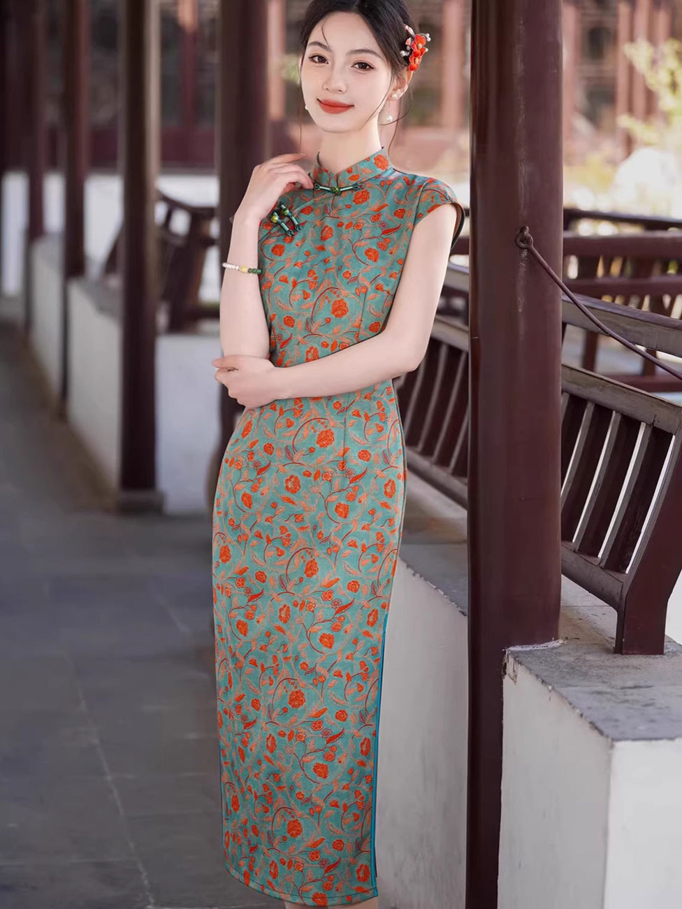 2026 Blue Floral Print Long Cheongsam Qipao Dress