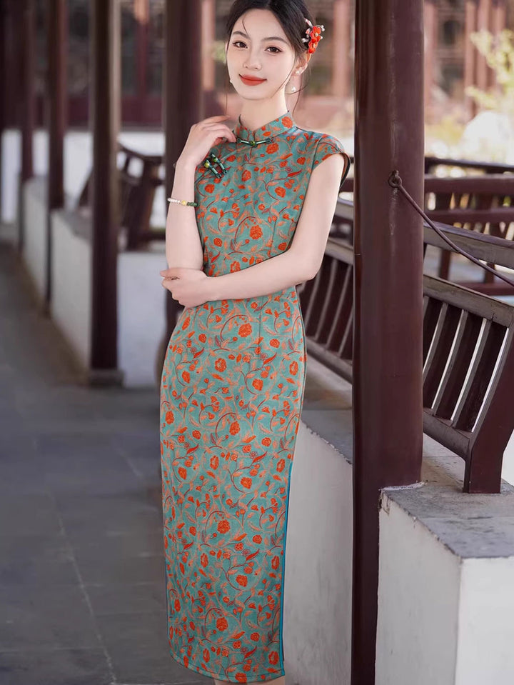 2026 Blue Floral Print Long Cheongsam Qipao Dress
