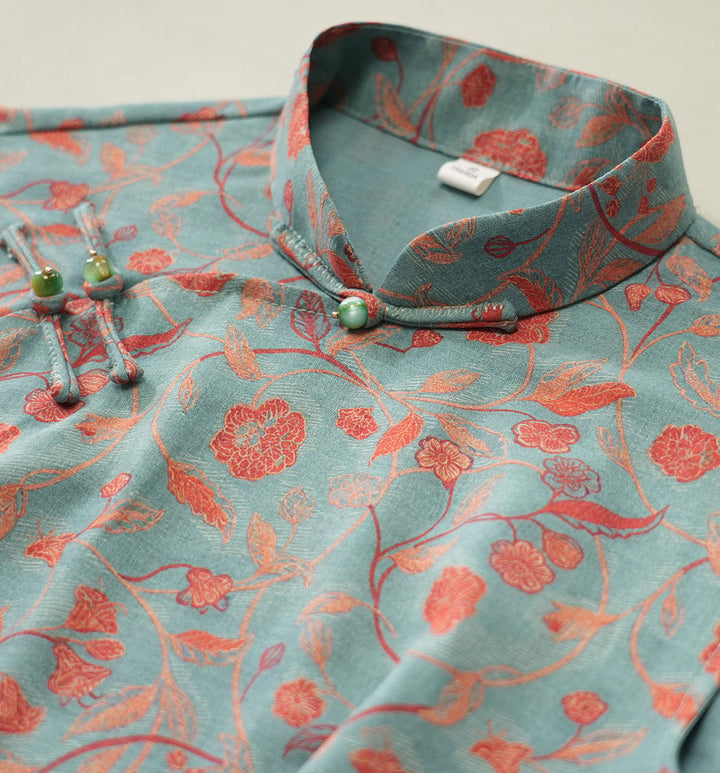 2026 Blue Floral Print Long Cheongsam Qipao Dress