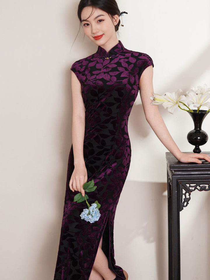 Purple Floral Velvet Long Cheongsam Qipao Dress