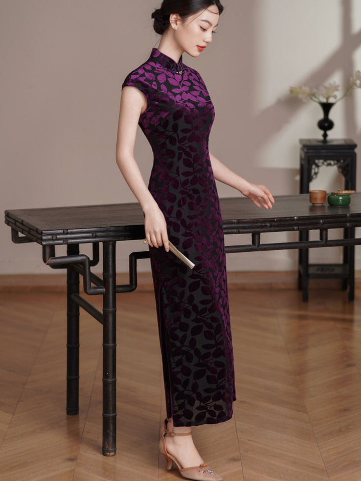 Purple Floral Velvet Long Cheongsam Qipao Dress