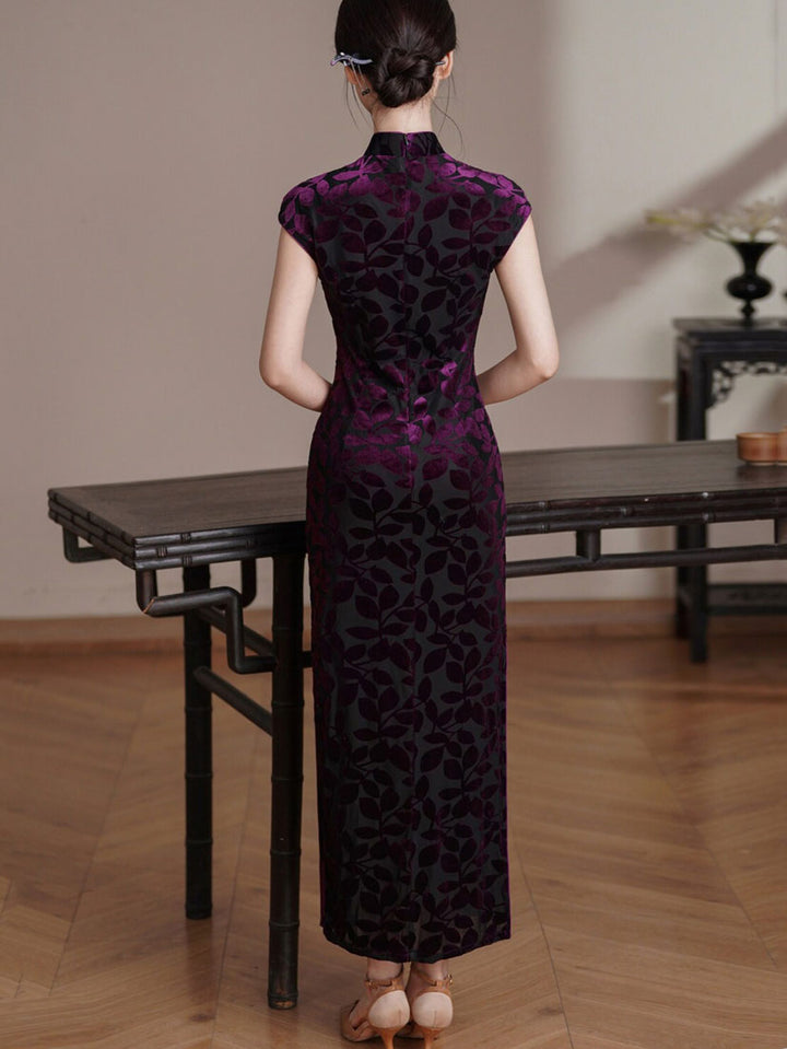 Purple Floral Velvet Long Cheongsam Qipao Dress