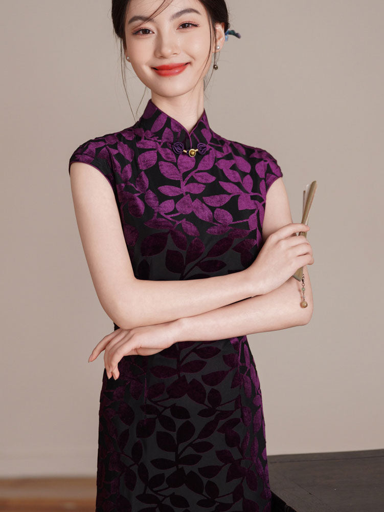 Purple Floral Velvet Long Cheongsam Qipao Dress