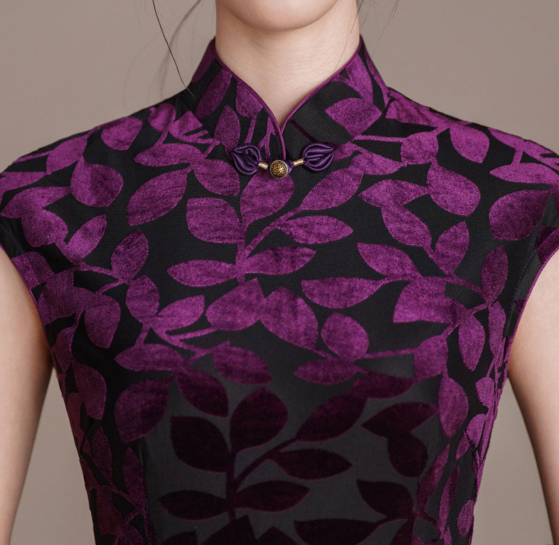 Purple Floral Velvet Long Cheongsam Qipao Dress