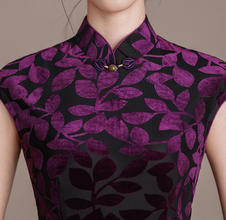 Purple Floral Velvet Long Cheongsam Qipao Dress