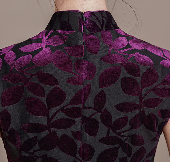 Purple Floral Velvet Long Cheongsam Qipao Dress