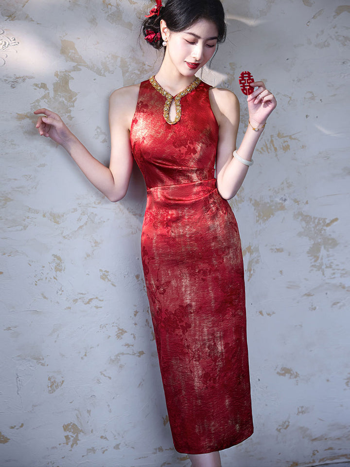 Red Keyhole Halter Long Bridal Cheongsam Qipao Dress