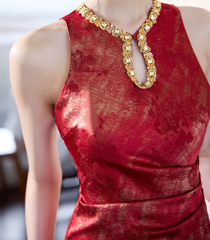 Red Keyhole Halter Long Bridal Cheongsam Qipao Dress