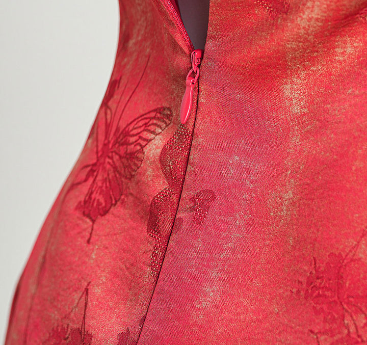 Red Keyhole Halter Long Bridal Cheongsam Qipao Dress