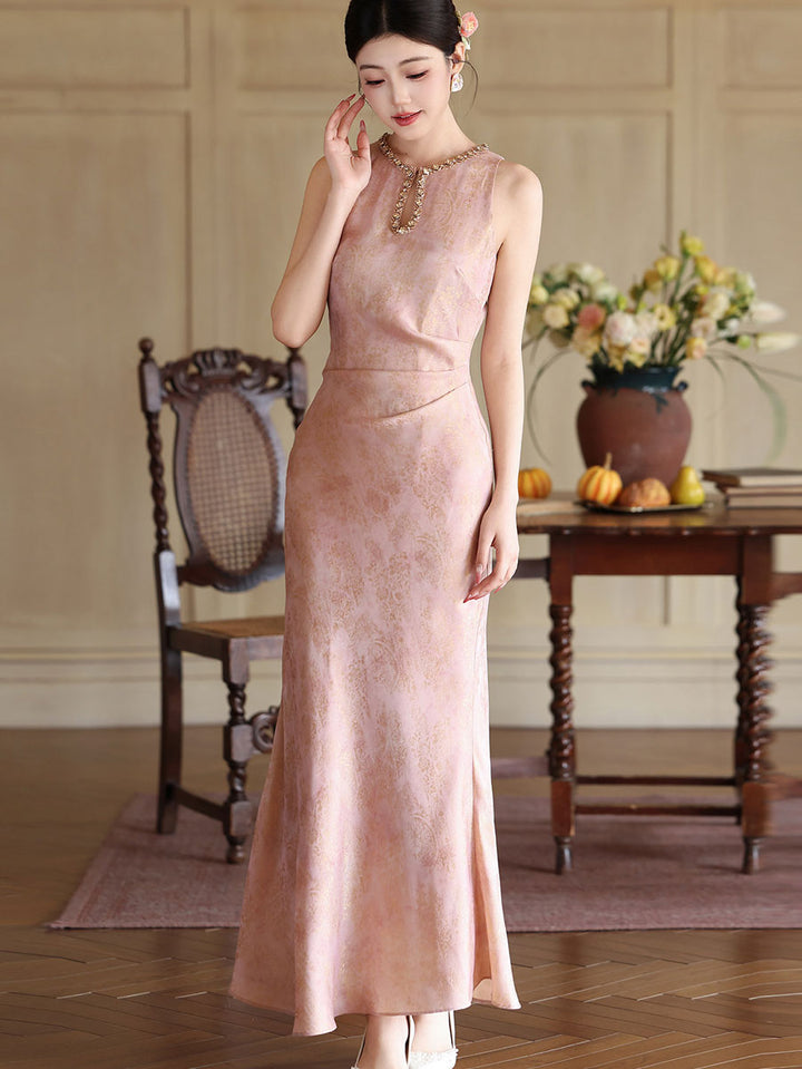 Pink Green Jacquard Halter Cheongsam Qipao Dress
