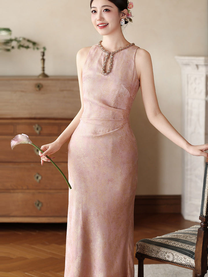 Pink Green Jacquard Halter Cheongsam Qipao Dress