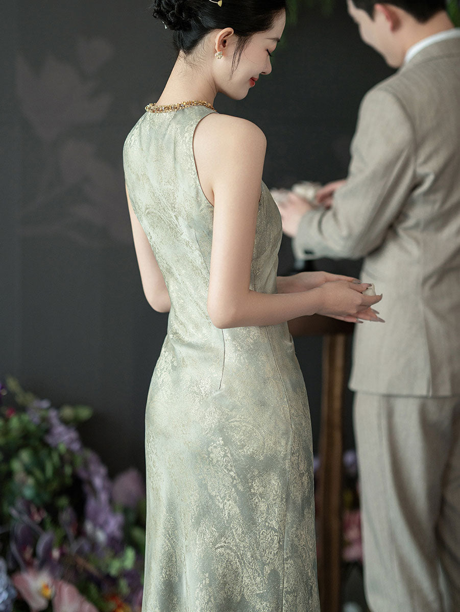 Pink Green Jacquard Halter Cheongsam Qipao Dress