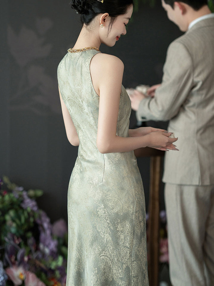 Pink Green Jacquard Halter Cheongsam Qipao Dress