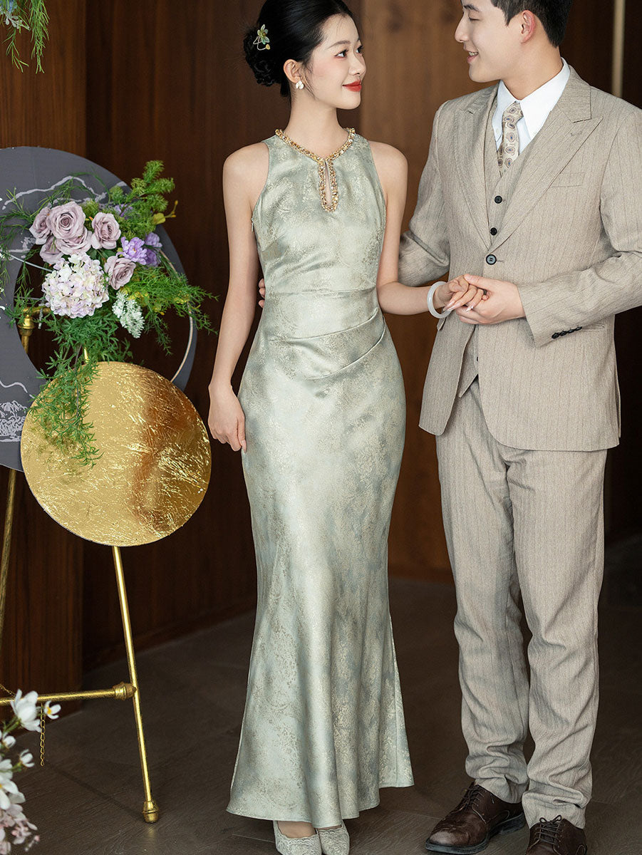Pink Green Jacquard Halter Cheongsam Qipao Dress