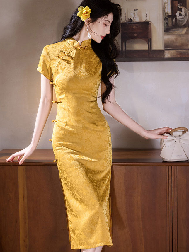 Gold Jacquard Midi Cheongsam Qipao Dress
