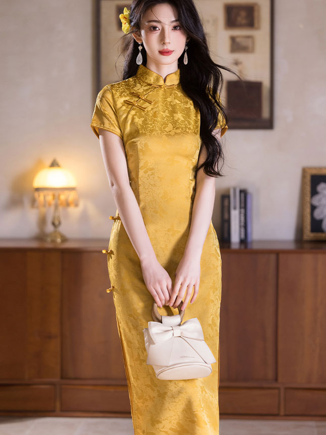 Gold Jacquard Midi Cheongsam Qipao Dress