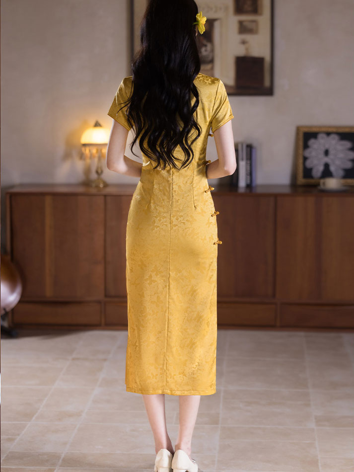 Gold Jacquard Midi Cheongsam Qipao Dress