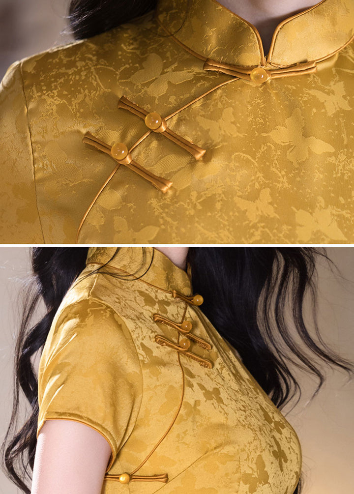 Gold Jacquard Midi Cheongsam Qipao Dress