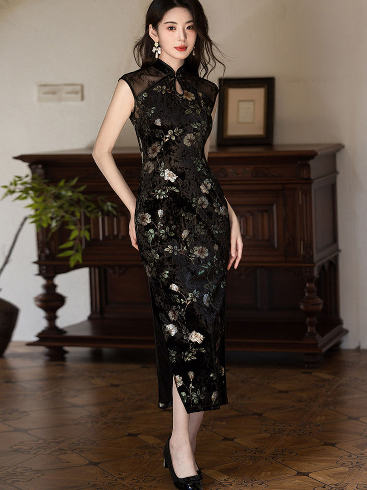 Black Floral Velvet Cheongsam Qipao Dress