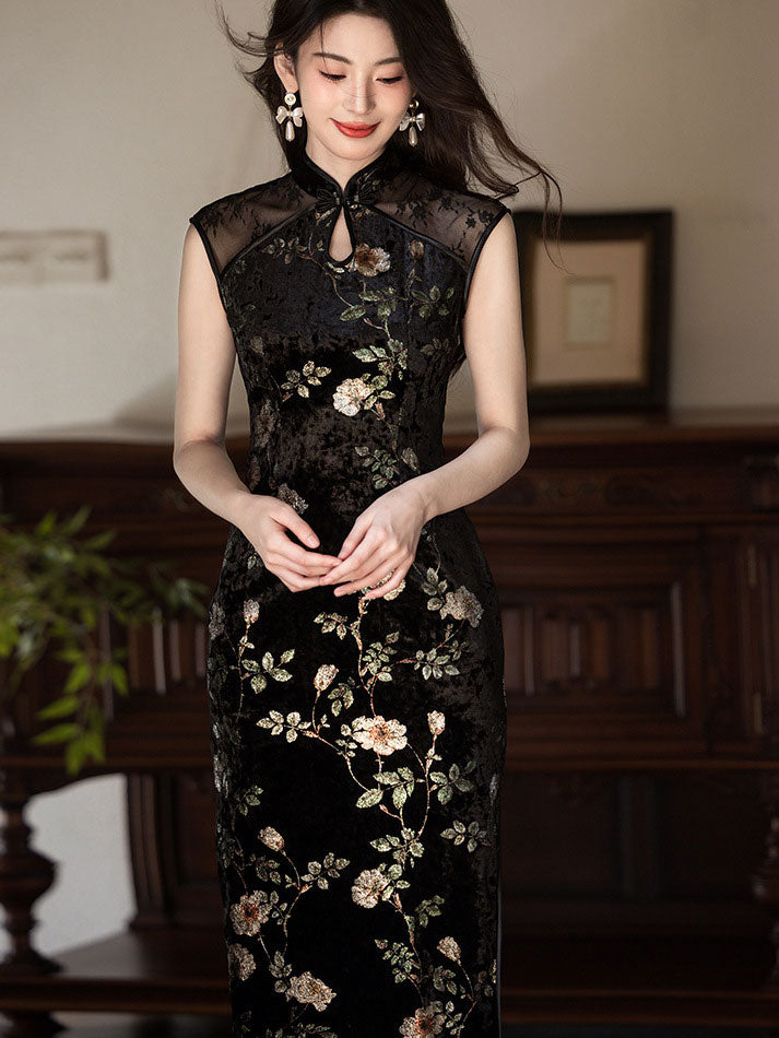 Black Floral Velvet Long Cheongsam Qipao Dress
