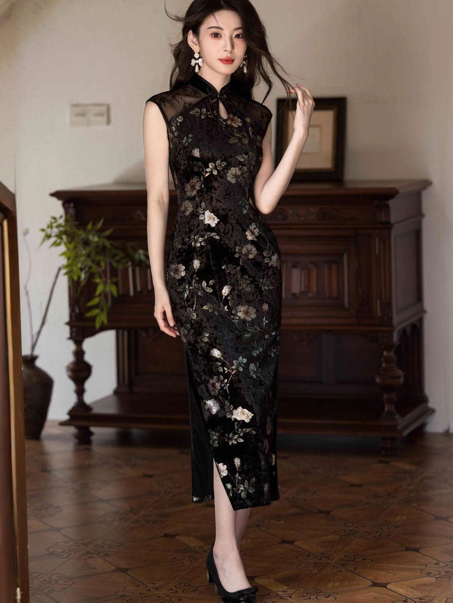 Black Floral Velvet Long Cheongsam Qipao Dress