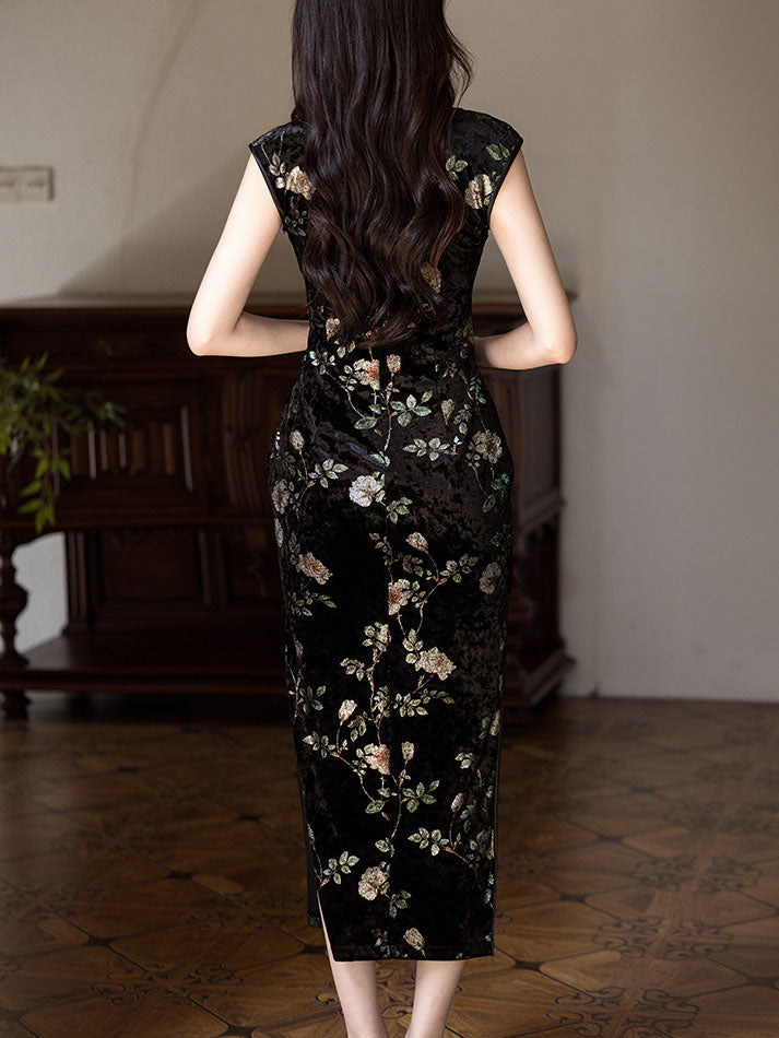 Black Floral Velvet Long Cheongsam Qipao Dress
