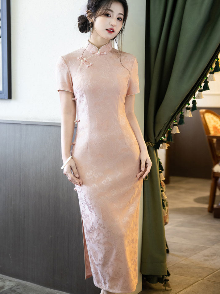 Pink Floral Long Cheongsam Qipao Dress