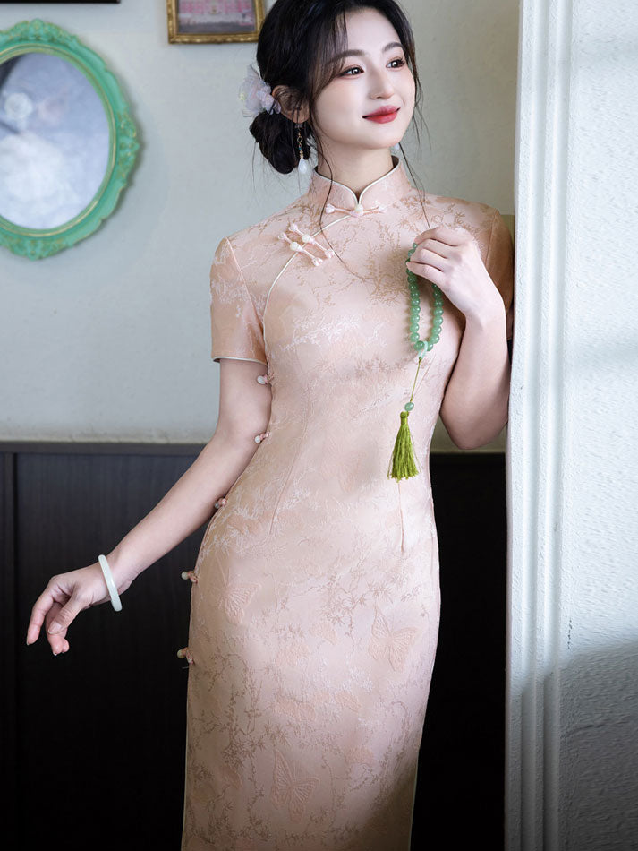 Pink Floral Long Cheongsam Qipao Dress