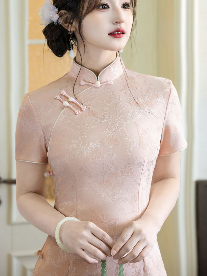 Pink Floral Long Cheongsam Qipao Dress